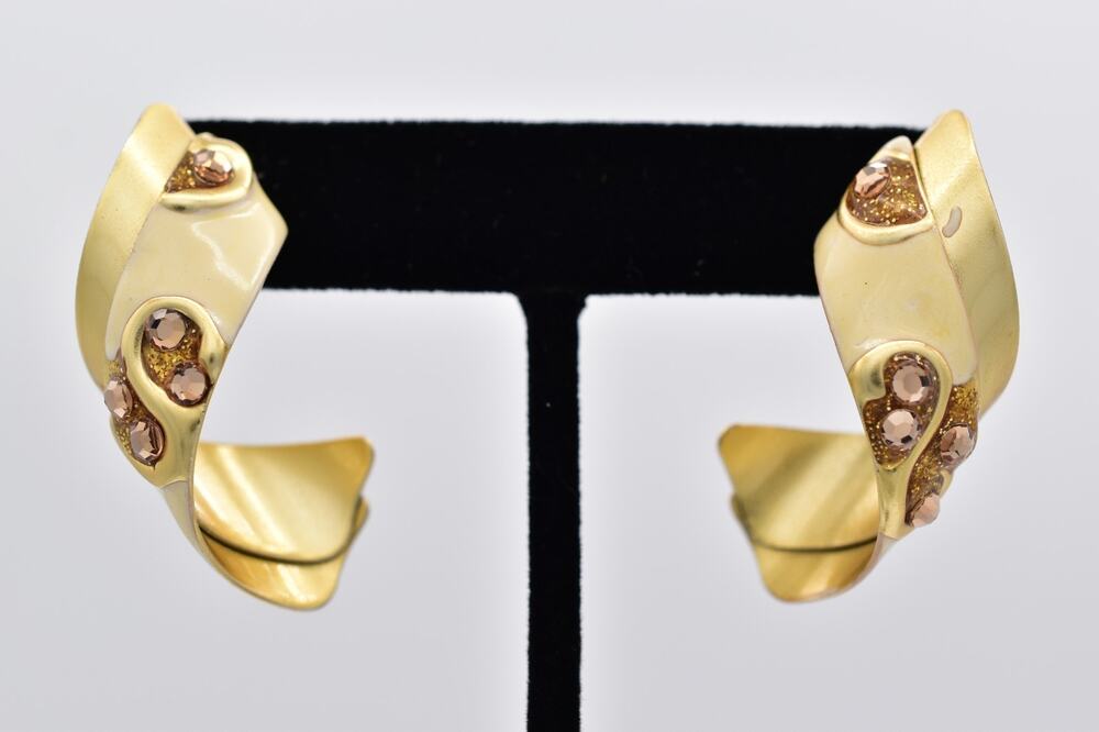 Vintage Statement Earrings Glitter Gold Enamel Off White Crystal Metal 80s BinAI